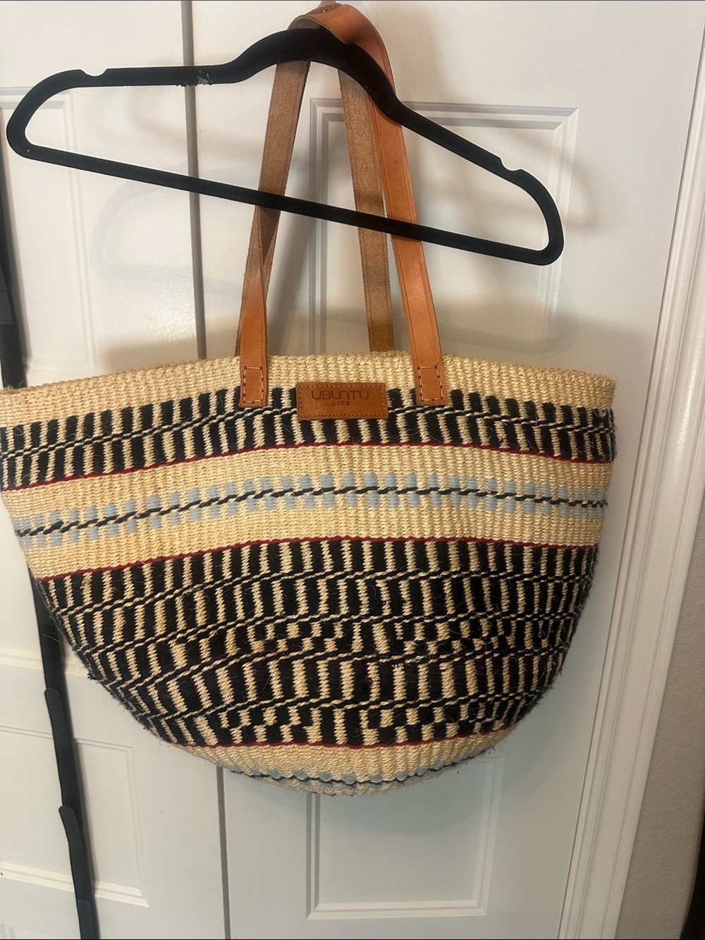Large Woven Straw Tote Bag in Natural, Black and Blue with leather handles